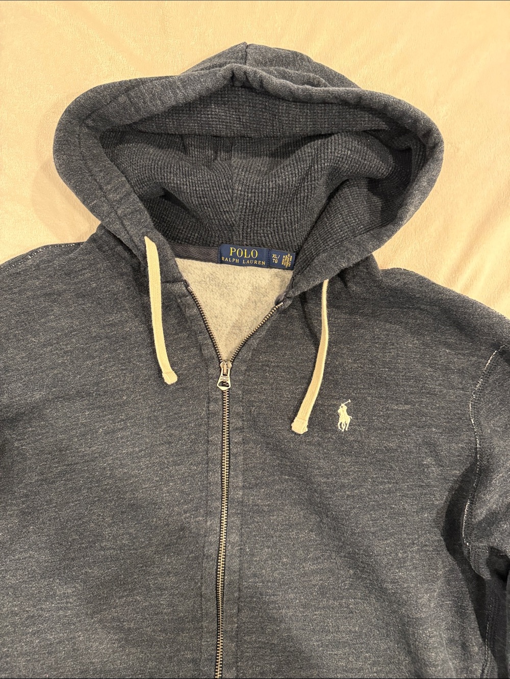 POLO RalphLauren Heather Navy Full-Zip Hoodie with Cream Drawstrings LARGE